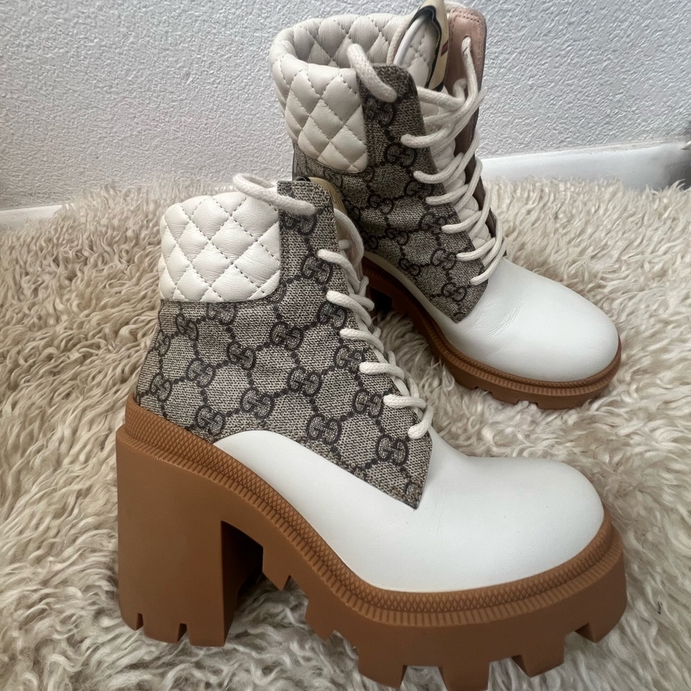 Gucci GG Canvas Quilted Leather Platform Boots – Ivory/Tan - Picture 6 of 16